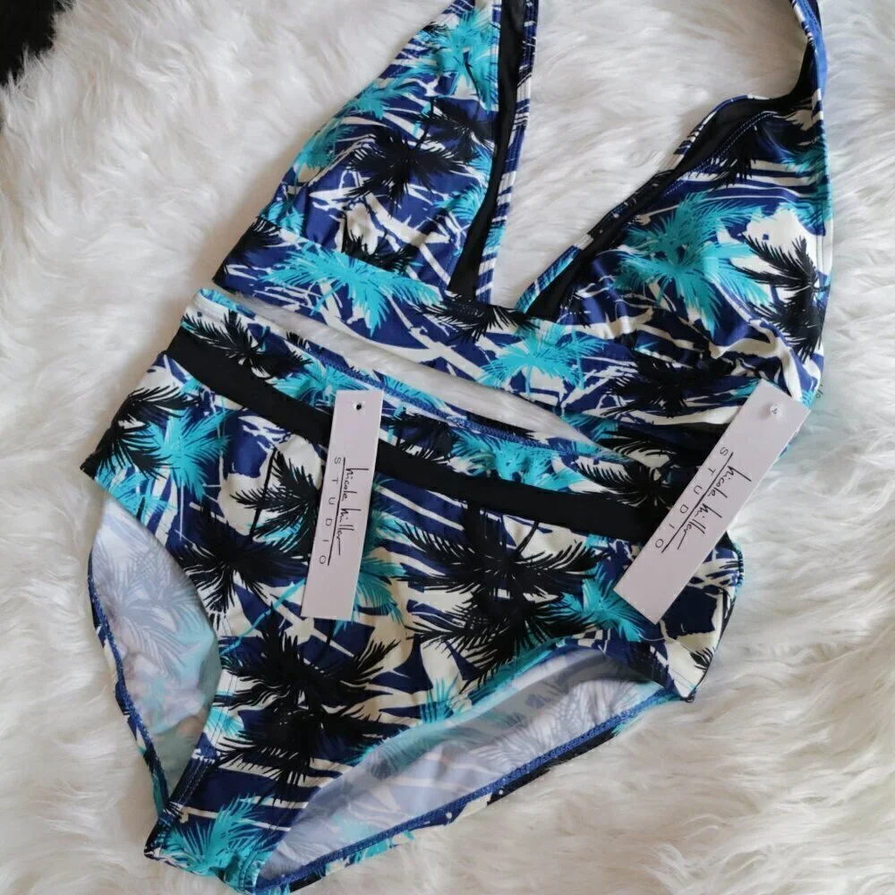 NWT Nicole Miller Bikini Set Size 8 (Medium) Black Blue Tropical Bathing Suit